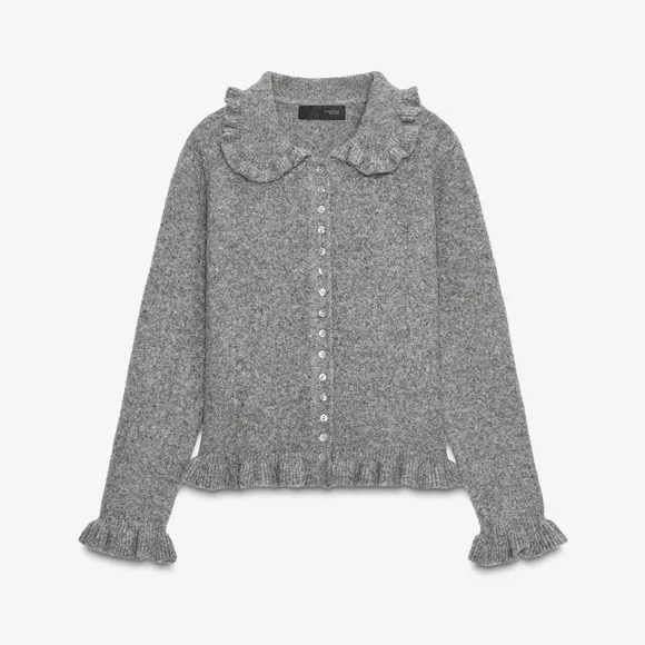 Zara Gray Button-Front Ruffle Hem Cardigan - Picture 2 of 5